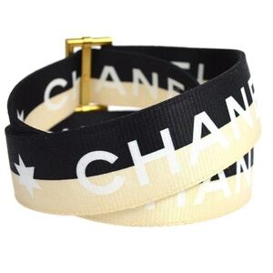CHANEL Black and Cream Logo Ribbon Belt with Gold Buckle